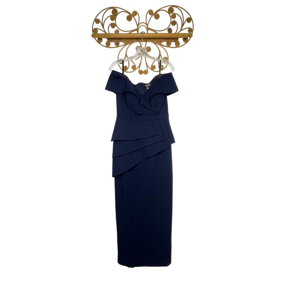 New Xscape Navy Blue Scuba Crepe Off-the-Shoulder Column Gown 10p